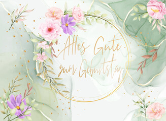 Karte oder Banner, um alles Gute zum Geburtstag zu wünschen, in einem goldfarbenen Kreis mit rosa und lila Blumen und Blattwerk auf einem grün-weißen Ecru-Hintergrund