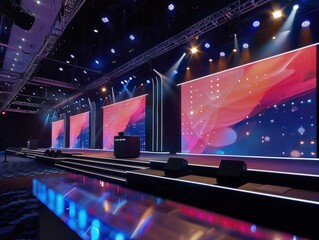 wide conference stage with several led video screens in the background