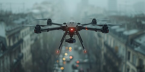 Drone Flying Over City in Rain