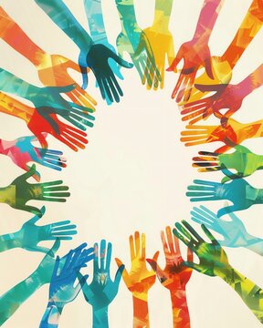 Create a realistic image featuring people volunteering and helping each other, with icons of peace and equality