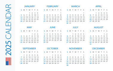 Calendar 2025 Horizontal - illustration. American version. Week starts on Sunday