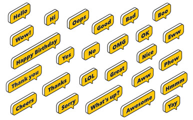 アイソメトリックイラスト：リアクション吹き出し黄