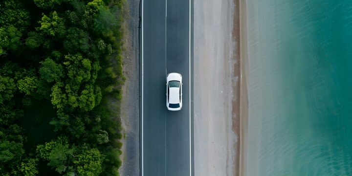 Electric Car Driving Along Coastal Road Near Beach From An Aerial Perspective. Concept Aerial Photography, Electric Cars, Coastal Views, Beach Surroundings, Sustainable Transportation