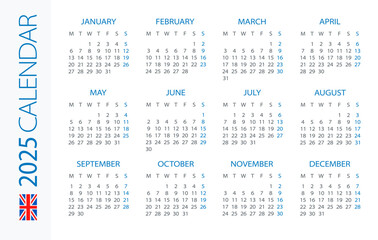 Calendar 2025 Horizontal - illustration. British version. Week starts on Monday