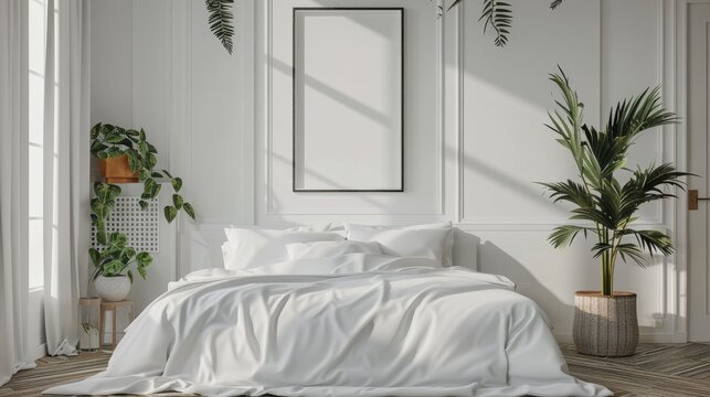 Poster frame mockup in white cozy bedroom interior with double bed