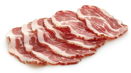 Obraz premium Sliced cured meat arranged on a white background, showcasing marbling and texture, perfect for culinary and gastronomic uses.