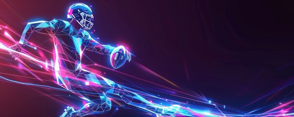 Futuristic neon American football player in action, glowing lines and dynamic motion effect on a dark background.