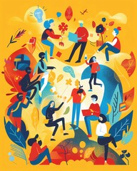 Design a vibrant and dynamic image of young people engaging in community activities, with icons of youth empowerment and growth