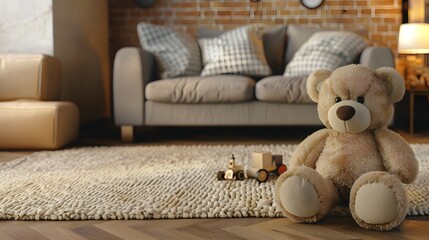 Cozy living room interior with a teddy bear sitting on a rug in front of the sofa