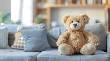 Cute and cuddly teddy bear sitting on a couch in a cozy home