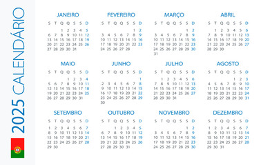 Calendar 2025 Horizontal - illustration. Portuguese version
