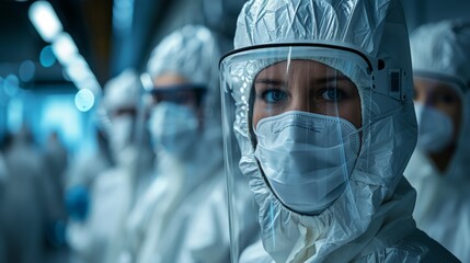 young doctor or researcher wearing dust suits and masks concentrating on research, bright and soft blue lighting
