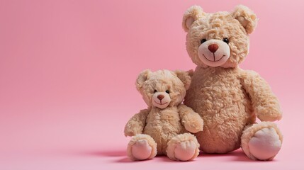 Two adorable teddy bears sitting together on a pink background