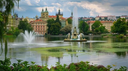 A fountain is in the middle of a pond with a city in the background. Generate AI image