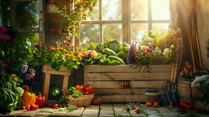 Fototapeta premium A rustic wooden crate overflowing with colorful vegetables on a sunlit farmhouse porch, surrounded by blooming flowers and garden tools