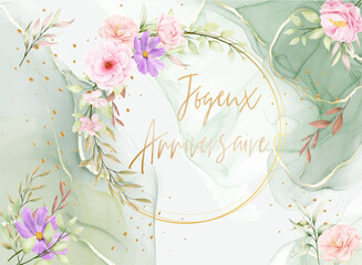 carte ou bandeau pour souhaiter un joyeux anniversaire dans un cercle de couleur or avec des fleurs rose et mauve et du feuillages ur un fond écru vert et blanc