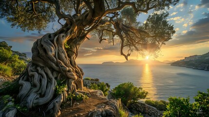 An ancient olive tree with gnarled branches, bathed in the golden glow of a sunset, overlooking a serene coastal landscape