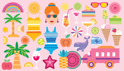 Summer concept design modern abstract background Set icons poster, web-banner, social media Vector cute flat illustration	