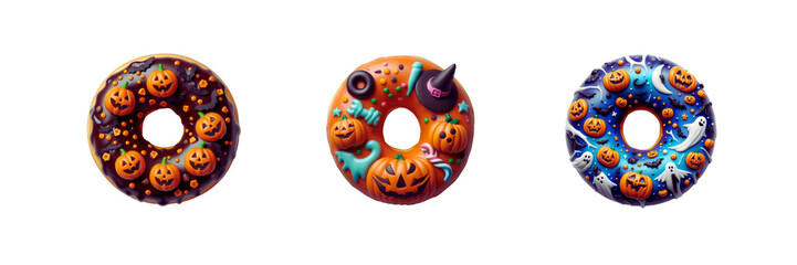 Set of Halloween donut in top view, Halloween special, Halloween-themed, isolated over on transparent white background