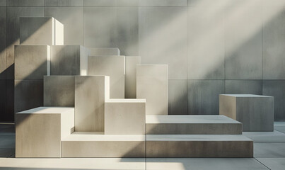 
Abstract background with concrete blocks and cubes in the interior, 3D rendering illustration of geometric space with sunlight rays
