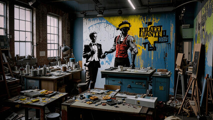 Naklejka premium a man standing in a workshop with a painting on the wall