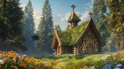 A traditional Norwegian stave church with dragon carvings and a grass-covered roof, surrounded by wildflowers and towering pine trees.