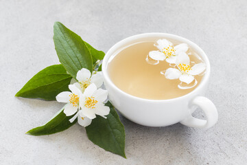 Hot drink. Green Tea with jasmine in a white cup. Light gray background