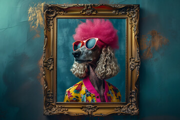 Portrait d'un caniche avec perruque rose, veste jaune dans un cadre doré sur fond bleu pétrole.