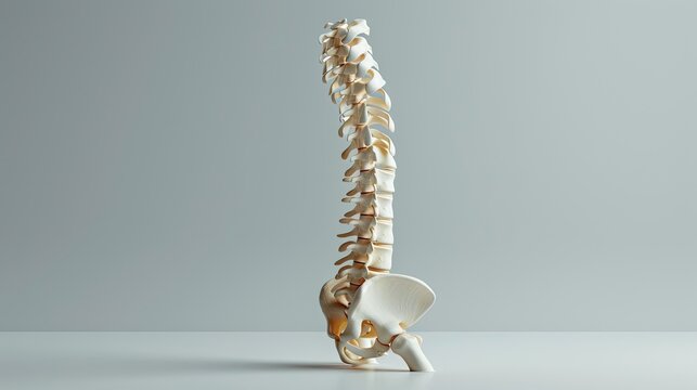Studio shot of a human spine model standing upright on a neutral background, illustrating anatomy and medical concepts.