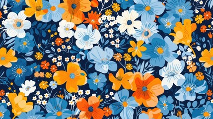 Obraz premium Pattern of blue orange and white flowers with space for text