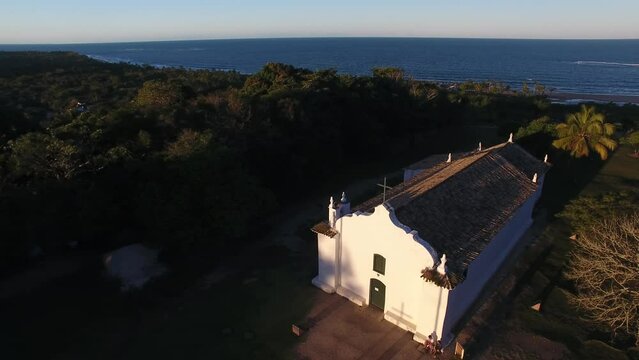Aerial view of S&atilde;o Jo&atilde;o Batista Church (Igreja do Quadrado), Quadrado Square, Trancoso - Porto Seguro, Bahia, Brazil 
