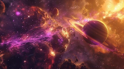 Obraz premium Stunning cosmic landscape featuring vibrant nebula and distant planets, perfect for science fiction themes and astronomical illustrations.