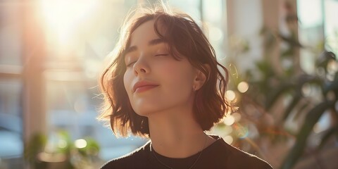 A shorthaired woman listens to music with her eyes closed. Concept Outdoor Photoshoot, Music Lover, Lifestyle Portrait, Relaxing Moment