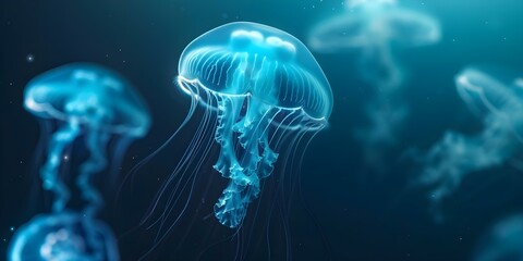 Jellyfish Swimming Together in Dark Sea Aquarium with Blue Glowing Light. Concept Underwater Photography, Marine Life, Bioluminescence, Ocean Ecosystems, Aquatic Creatures
