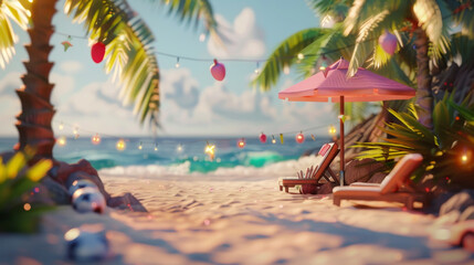Naklejka premium A tropical beach setup with lounge chairs, an umbrella, palm trees, and string lights