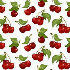 Vector pattern of ripe cherries.Red ripe cherries on a transparent background in a vector pattern.