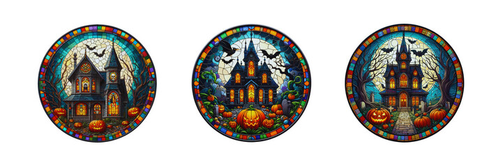 Set of Round stained-glass illustration of a Halloween haunted house in a stained mosaic frame, Halloween special, Halloween-themed, isolated over on transparent white background