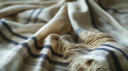 The fine weave of a tallit (prayer shawl) with tzitzit (fringes) visible with copy space