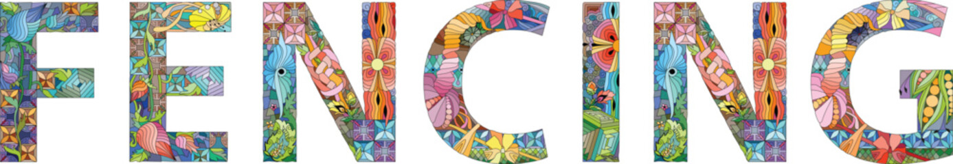 Word FENCING. Vector decorative zentangle object for decoration