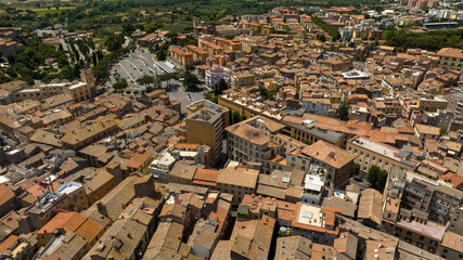 Aerial view of Martyrs of Hungary Square car park. It is located just outside the historic center of Viterbo, Lazio, Italy. 