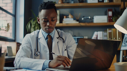 Concentrated doctor, analysing patients' medical reports and making notes, sitting in his office.