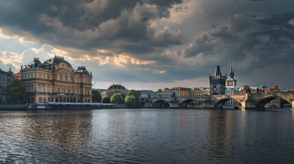 Fototapeta premium A city with a river running through it and a bridge over it. Generate AI image