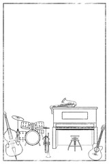 Musical instrument illustration (PNG) . Piano, bass, guitar, sax, trumpet & drums. Use as design element for notices, announcements, posters, flyers, handbills, stationery, websites & more.