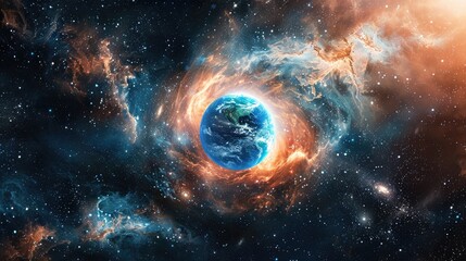 Naklejka premium Surreal image of Earth amidst a cosmic explosion in deep space, showcasing a blend of vivid colors and celestial wonders.