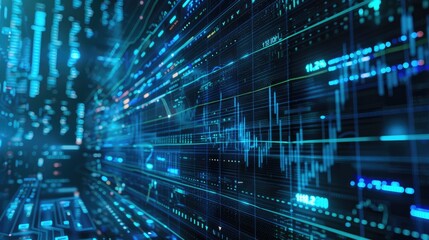 Naklejka premium Tech background featuring data visualization, digital graphs, and futuristic interface in blue, representing modern technology and analytics.