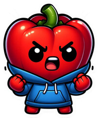 Naklejka premium green leaf on top AnAngry Red Chili Images, Cartoon onion with a happy face and green leaf on top An angry angry red