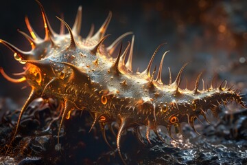 Close-up of spiky sea cucumber on rocky surface. Macro shot of marine creature with golden and orange hues. Underwater and marine life concept