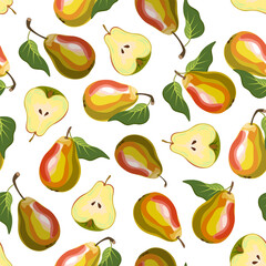 Vector pattern of ripe pears.Pears and pear halves on a white background in a color pattern.