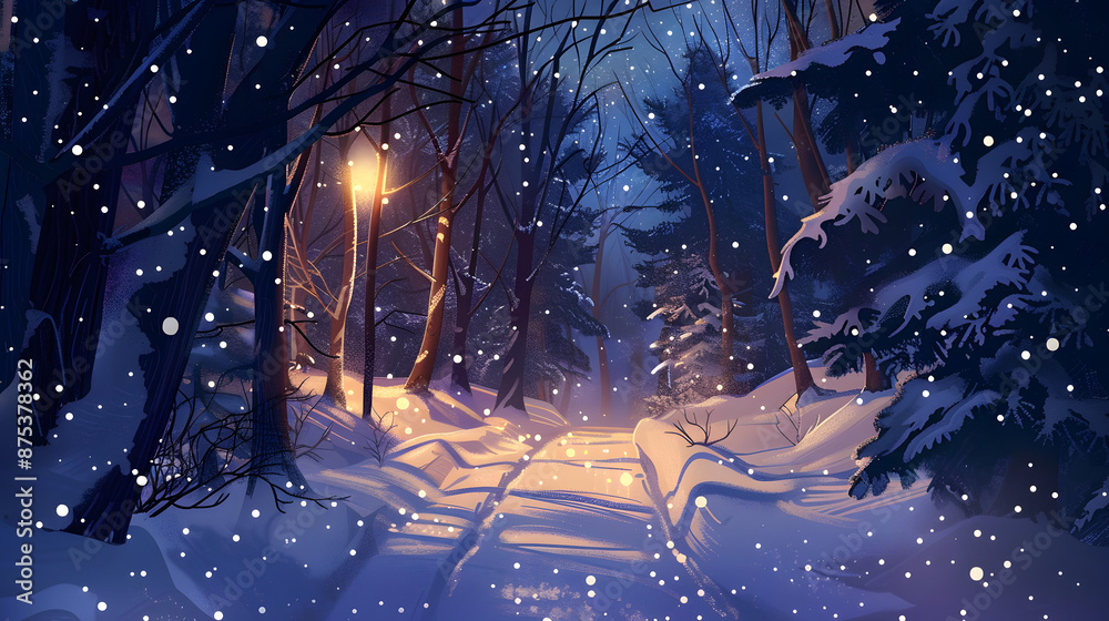 Wall mural scenic path in snowy forest at night banner layout