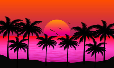 Scenery beach at sunset with sun and palm silhouette